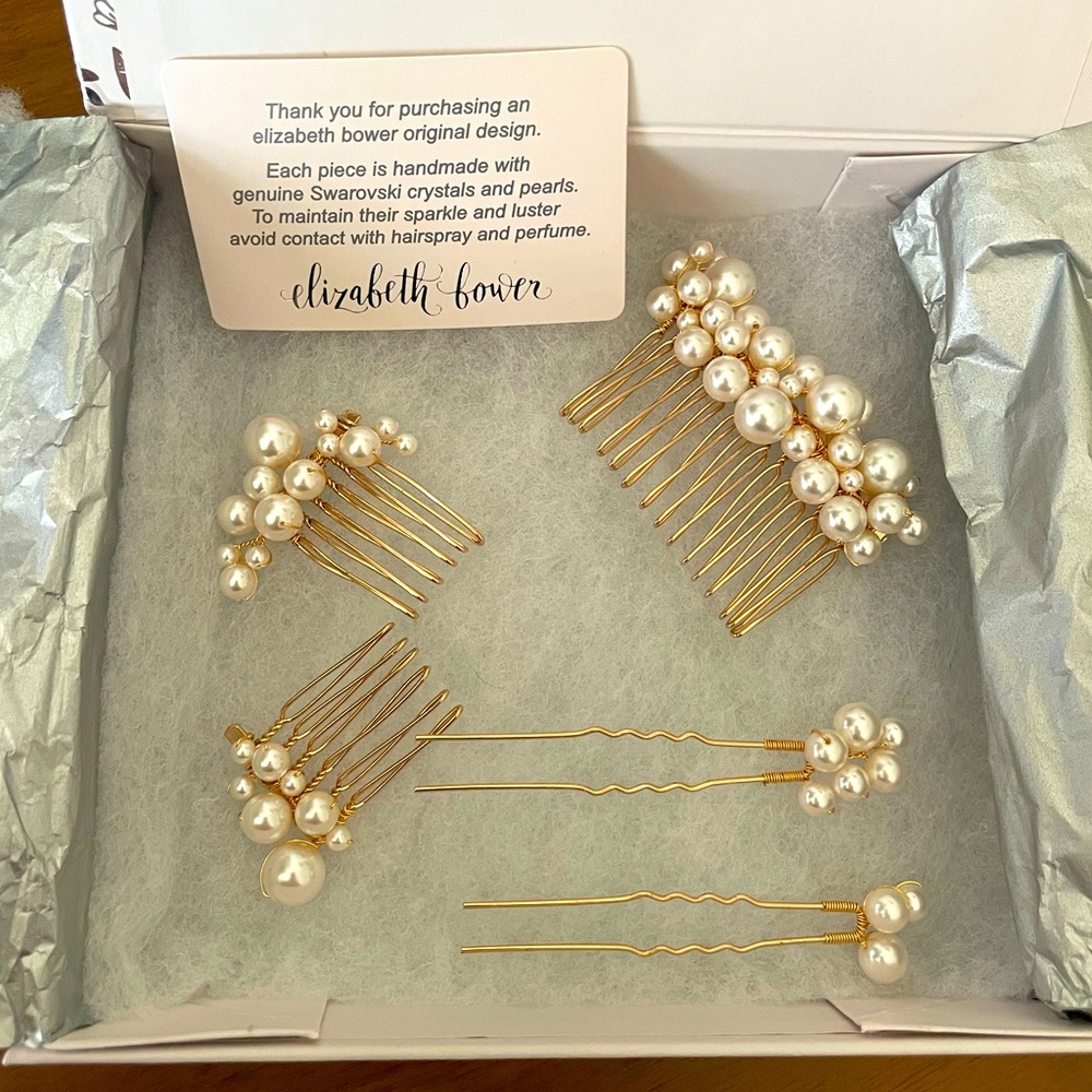 Elizabeth Flower Pearl Goldtone Bridal Hair Pins and Comb Set of 5 - BHLDN